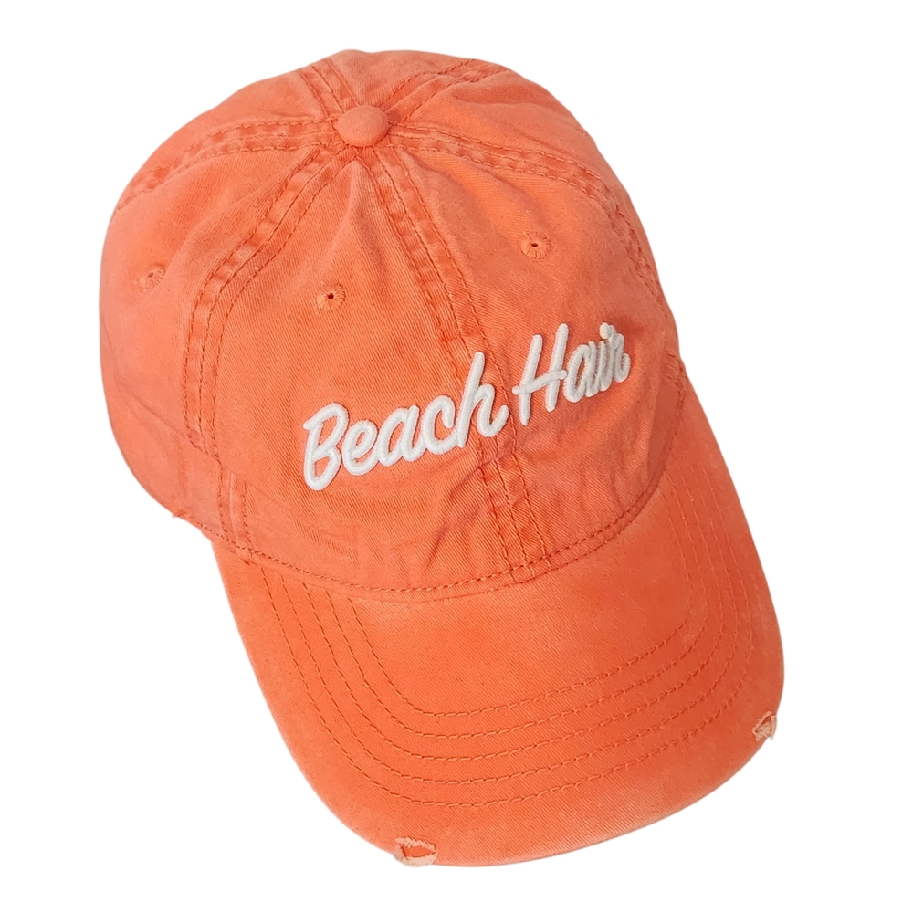 Distressed Beach Hat Coral Baseball Hat with White Embroidery One Size